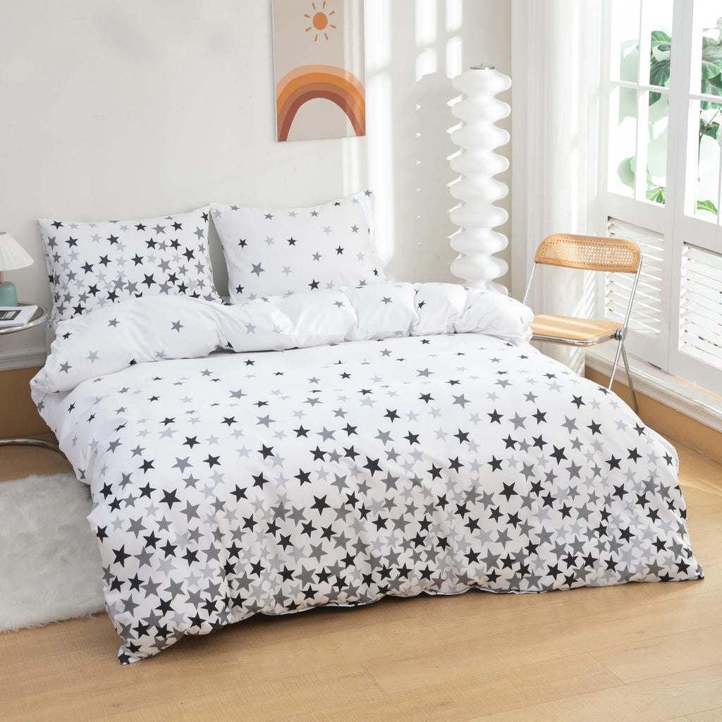 2 Pillowcases + 1 Duvet Cover, Polyester Fiber Star Print White Bedspread 3-Piece Set, Ultra-Soft and Comfortable Polyester Breathable Bedding Duvet Set, Suitable for Bedroom and Guest Room (Bedspread + Pillowcases, Without Q