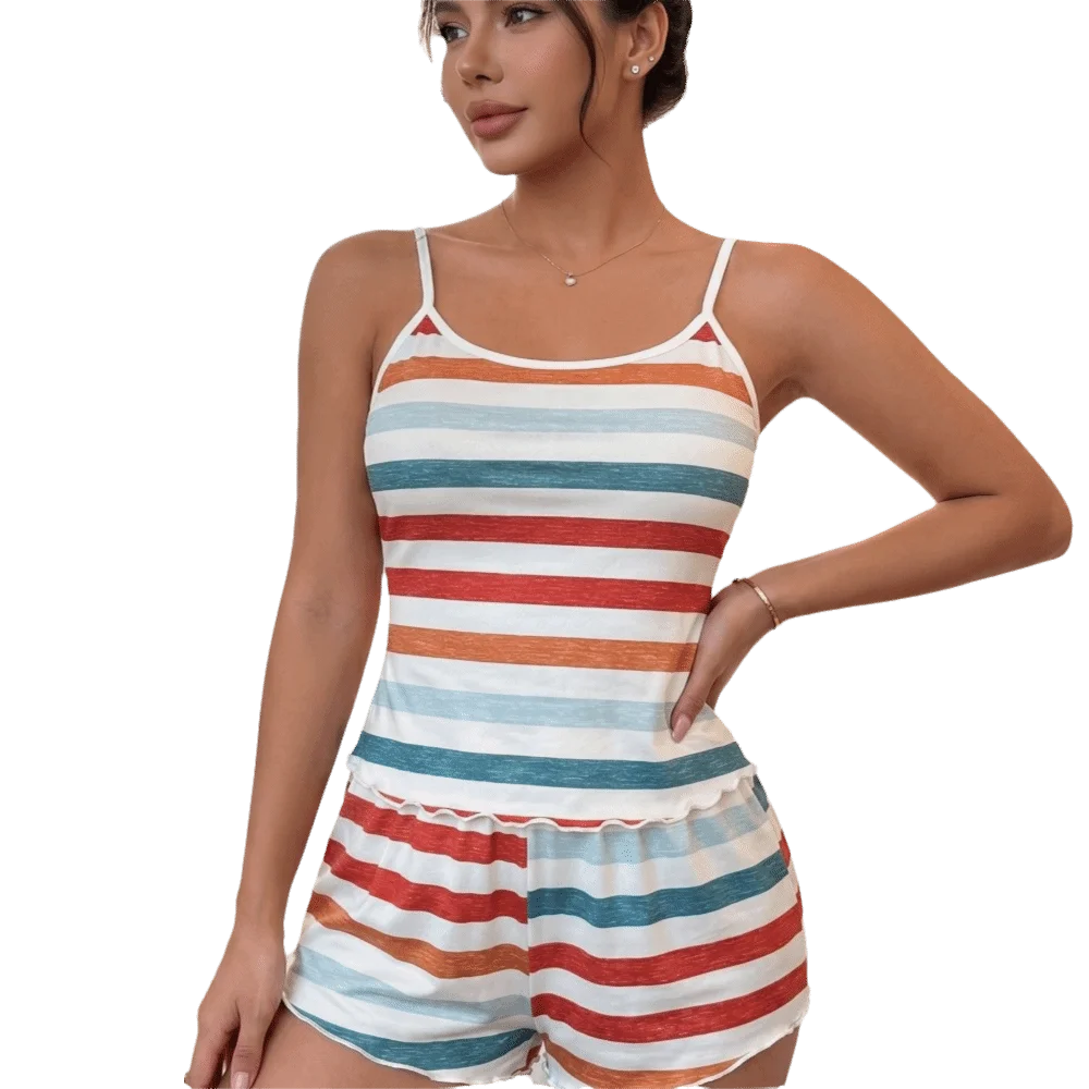 Retro Style Colorful Striped Sleepwear Set Sleeveless Ruffle Women's Pajamas Set Comfortable Loungewear Set Home Lounge