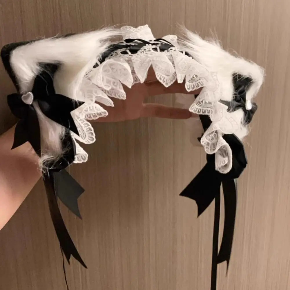 New Lolita Cat Ears Headband Lace Cosplay Head Wrap Bow Headdress Women