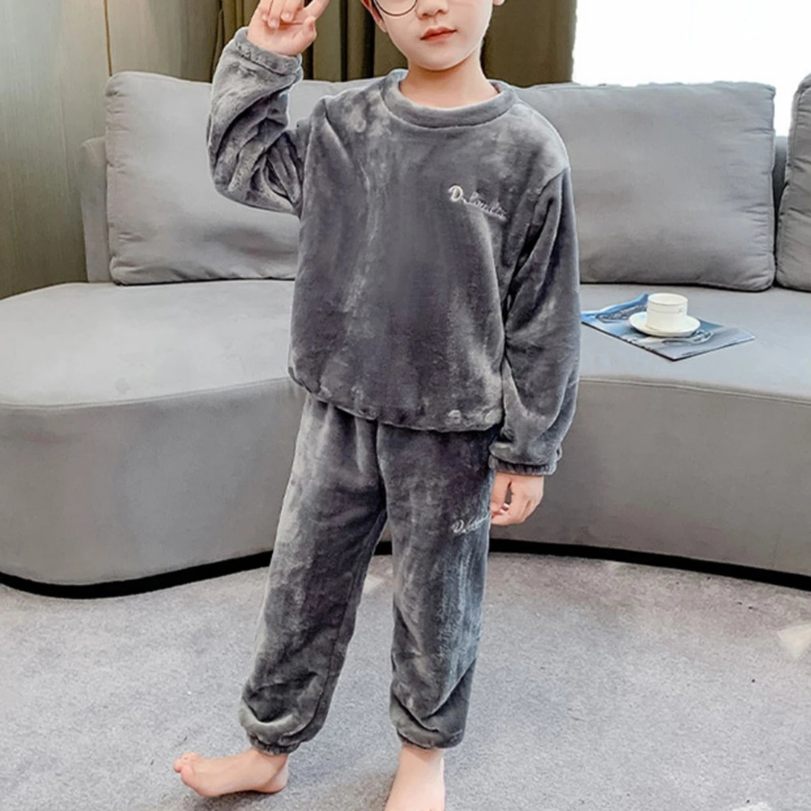 Kids Pajamas Long Sleeve Lounge Wear Soft Flannel Sleepwear Cozy Pullover Tops Warm Trousers Girl Boy Nightwear Home Outfit Set