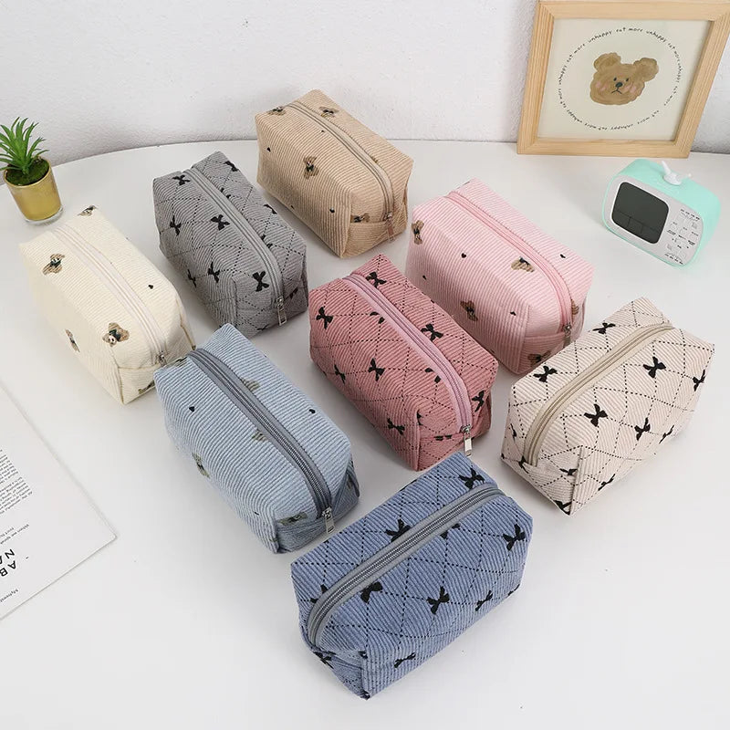 Kawaii Corduroy Travel Cosmetic Lipstick Skincare Storage Bag Toiletry Kit Women Makeup Handbags Organizer Pouch Bag Pencil Case