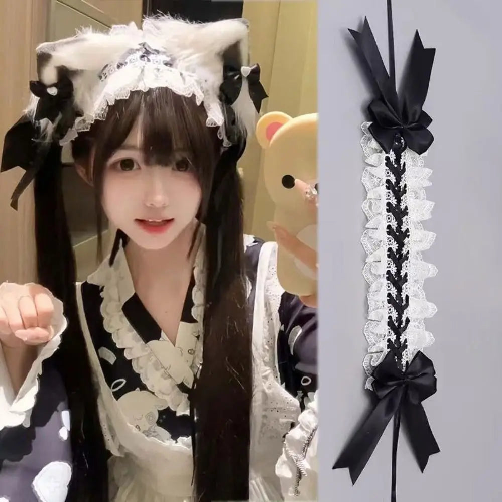 New Lolita Cat Ears Headband Lace Cosplay Head Wrap Bow Headdress Women