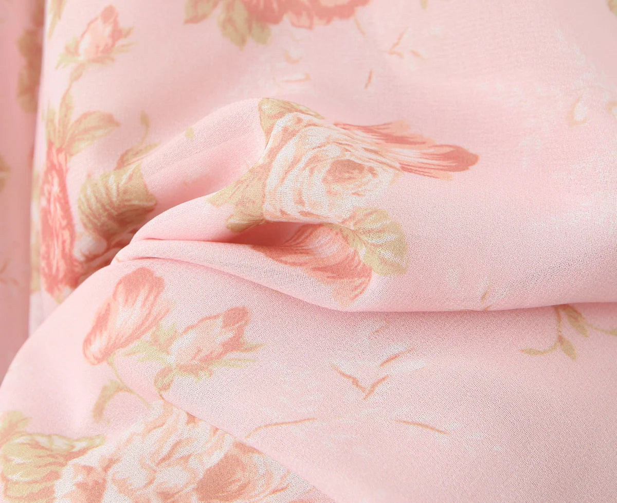 Summer Pink Flower Print Halter V Collar Sling Midi Dress Women Low Waist A-Line Pleated Swing Backless Robe Beach