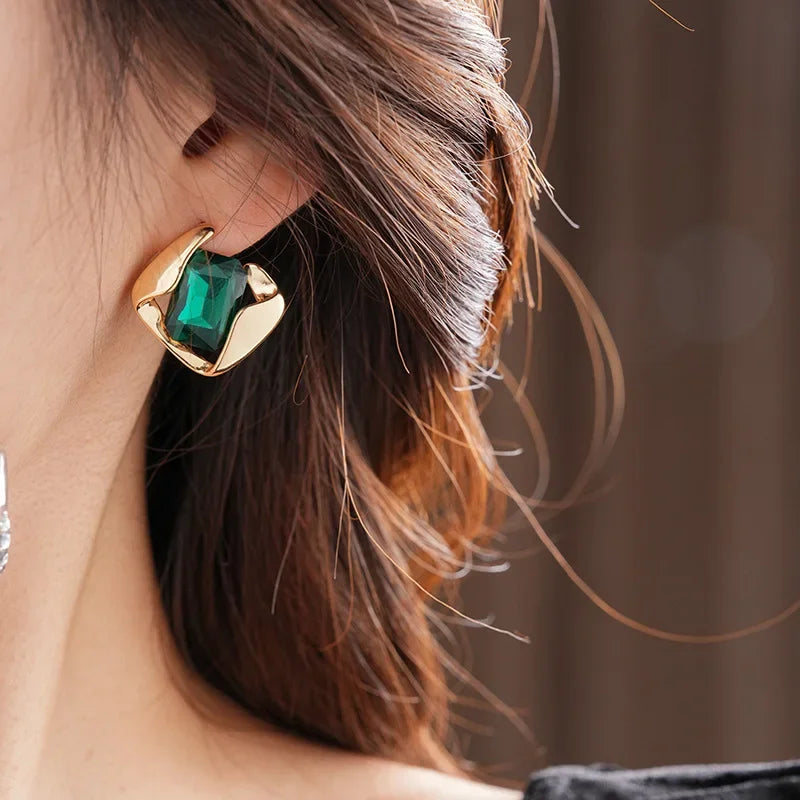 Green Fashion Wedding Jewelry Set Square Earring Retro Light Luxury Temperament Collarbone Chain Necklace
