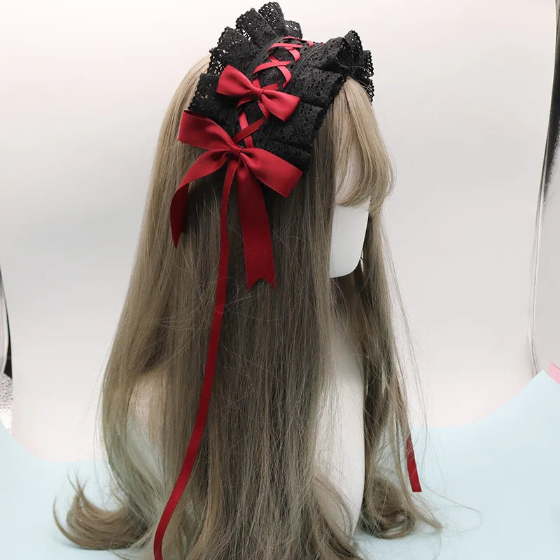 2024 Lolita Lace Gothic Bowknot Sweet Hair Hoop Anime Maid Cosplay Headband Flower Headwear Accessory Wholesale