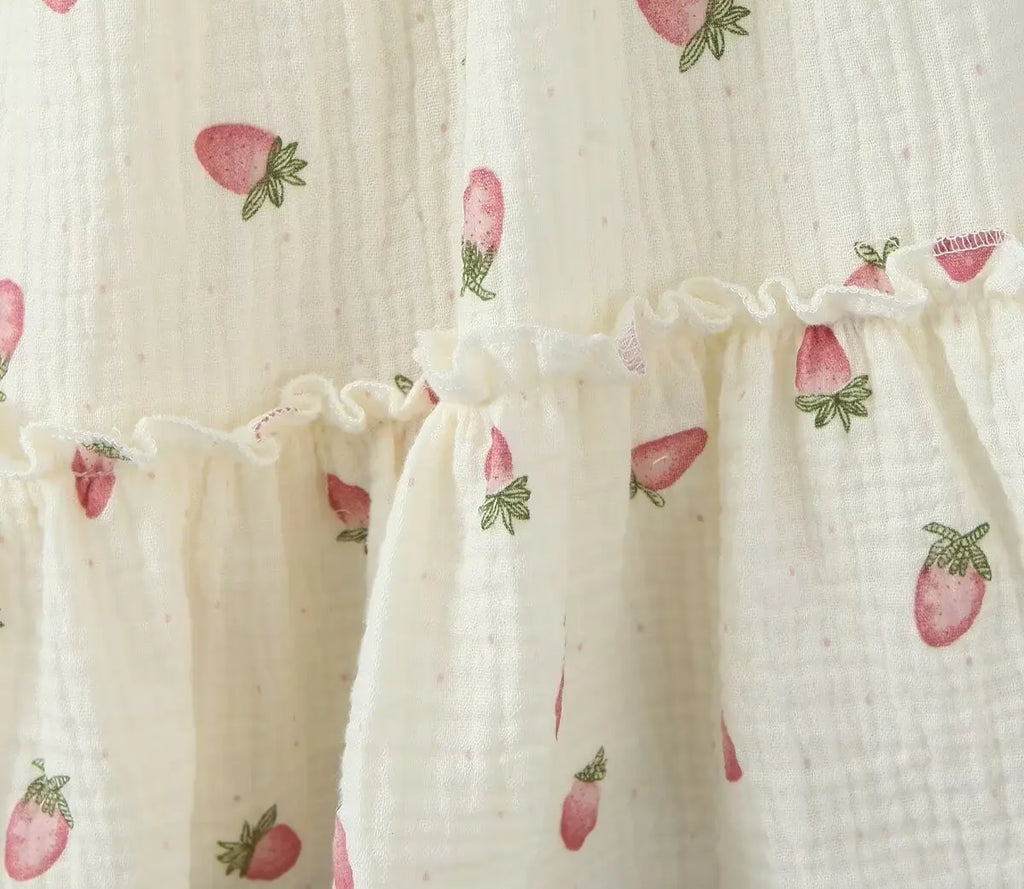 Women Sexy Beige Strawberry Tie Bow Strap Dress Cross Lacing Up Back Slim Waist Wood ears Swing Cake Mini Robe Vestidos