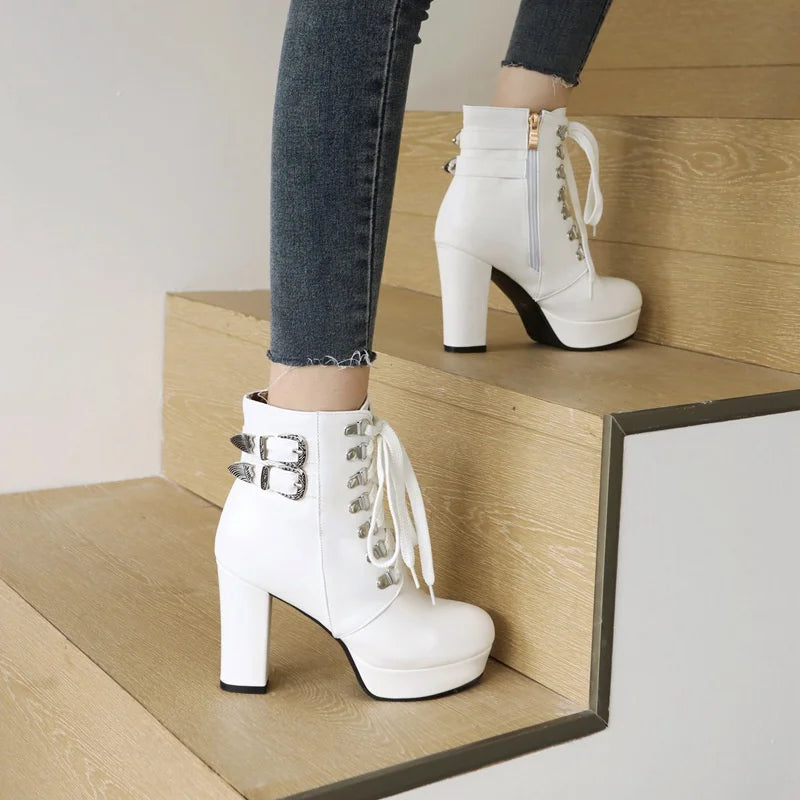 Winter Pink White Red Platform Ankle Boots Women High Chunky Heel Party Dress Lady Buckle Zipper Platform Short Motorcycle Boots