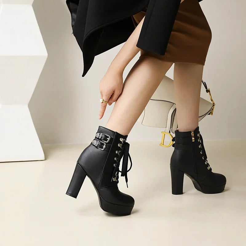 Winter Pink White Red Platform Ankle Boots Women High Chunky Heel Party Dress Lady Buckle Zipper Platform Short Motorcycle Boots