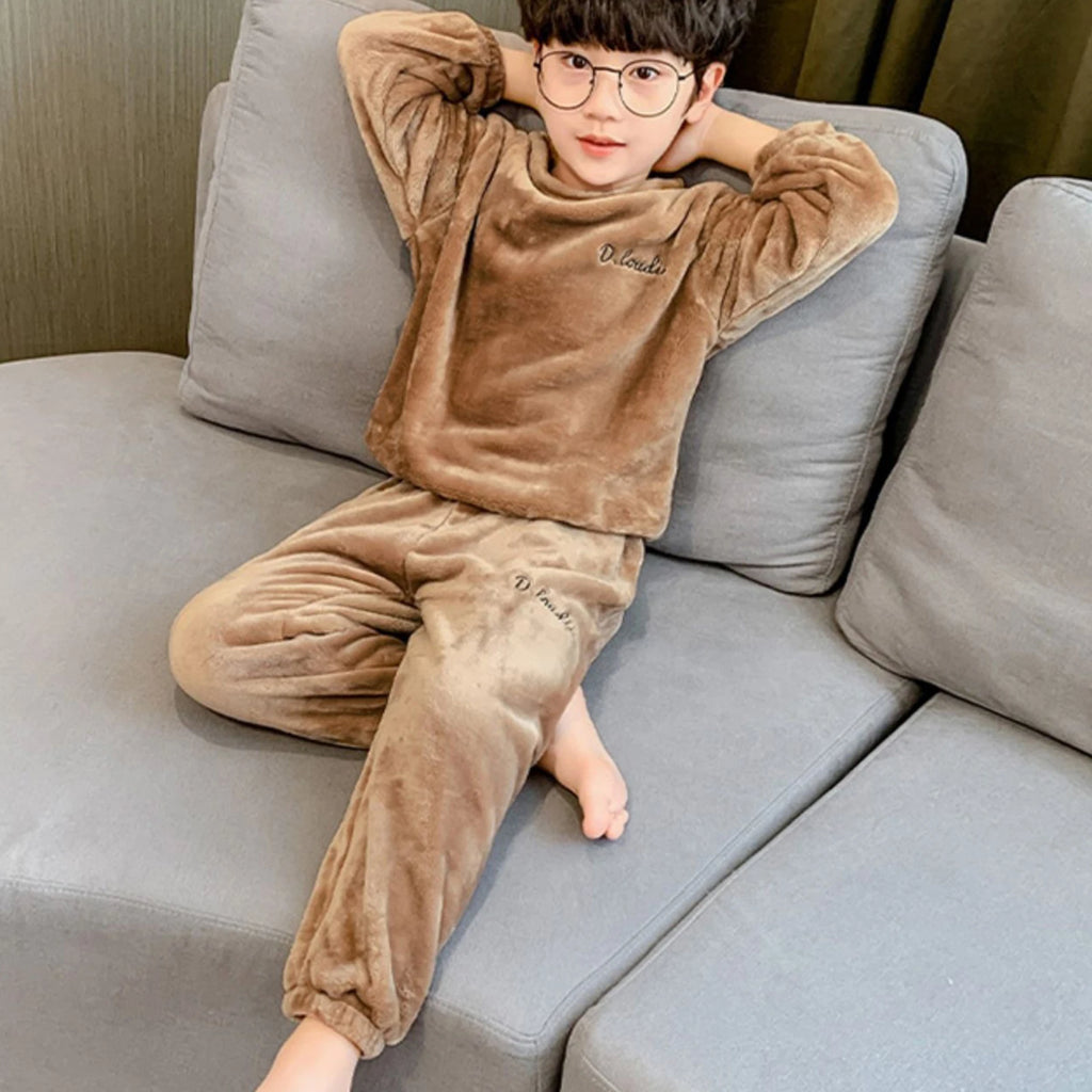 Kids Pajamas Long Sleeve Lounge Wear Soft Flannel Sleepwear Cozy Pullover Tops Warm Trousers Girl Boy Nightwear Home Outfit Set