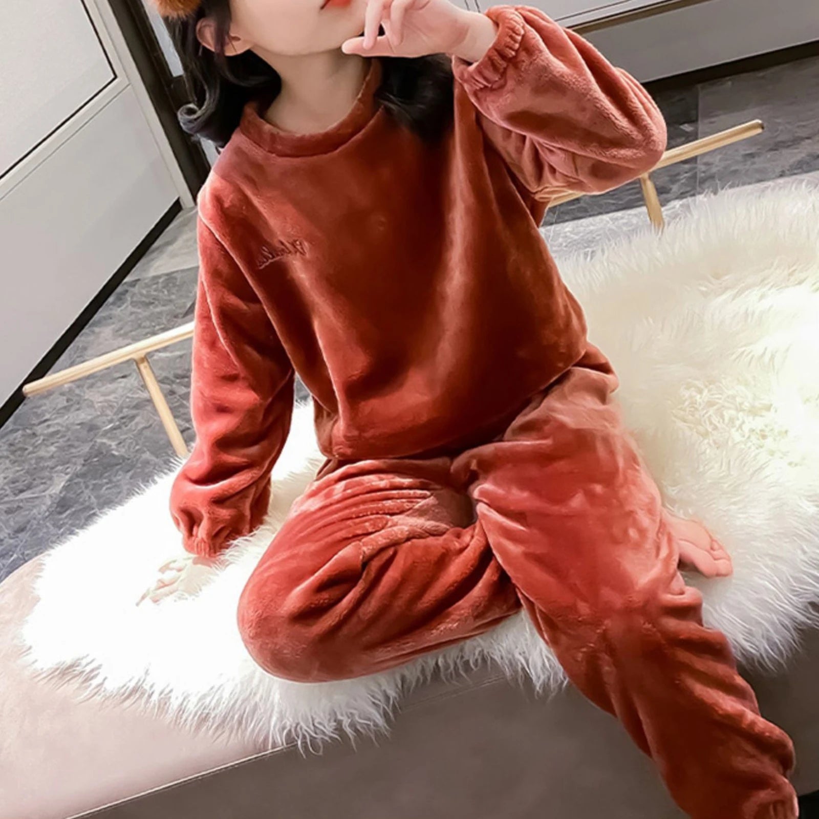 Kids Pajamas Long Sleeve Lounge Wear Soft Flannel Sleepwear Cozy Pullover Tops Warm Trousers Girl Boy Nightwear Home Outfit Set