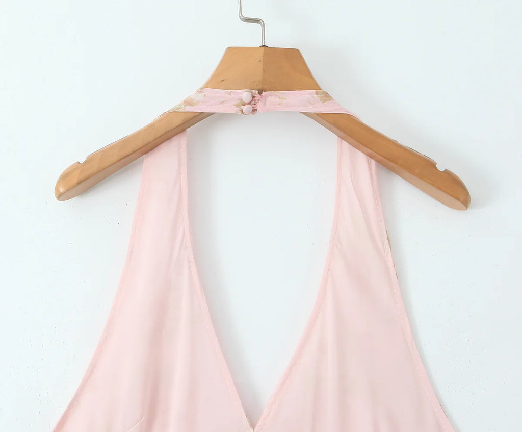 Summer Pink Flower Print Halter V Collar Sling Midi Dress Women Low Waist A-Line Pleated Swing Backless Robe Beach
