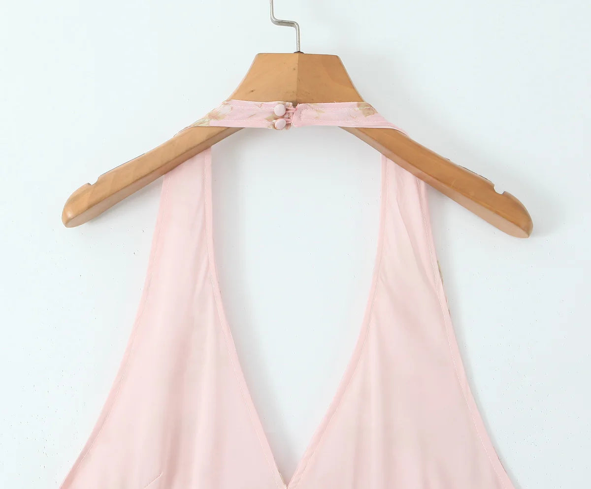 Summer Pink Flower Print Halter V Collar Sling Midi Dress Women Low Waist A-Line Pleated Swing Backless Robe Beach