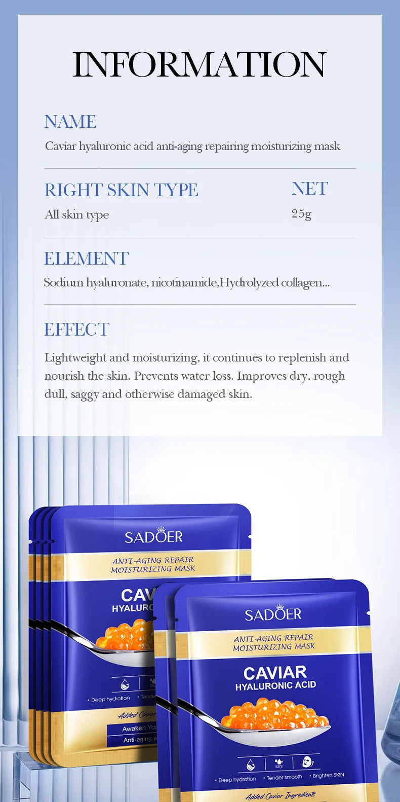 5pcs  Caviar Hyaluronic Acid Moisturizing Facial Masks Brightening Firming Hydrating Face Mask Facial Skin Care Products