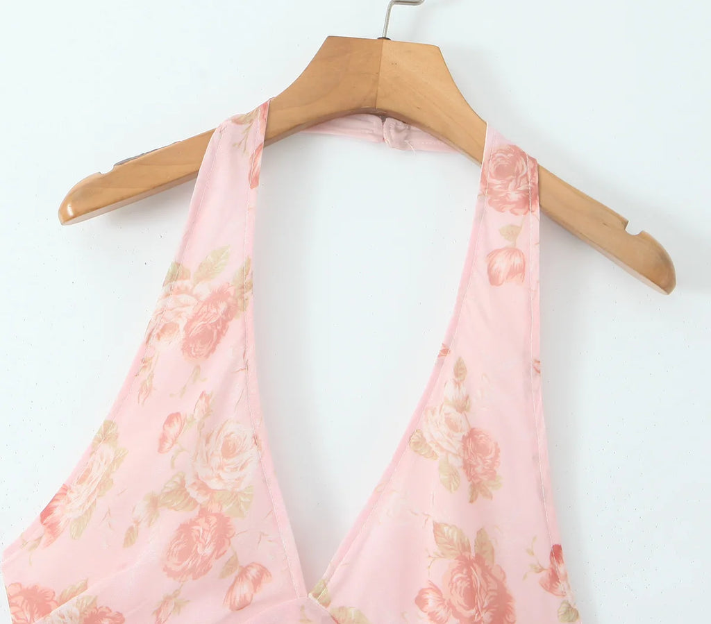 Summer Pink Flower Print Halter V Collar Sling Midi Dress Women Low Waist A-Line Pleated Swing Backless Robe Beach