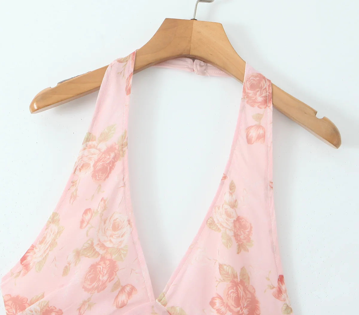 Summer Pink Flower Print Halter V Collar Sling Midi Dress Women Low Waist A-Line Pleated Swing Backless Robe Beach