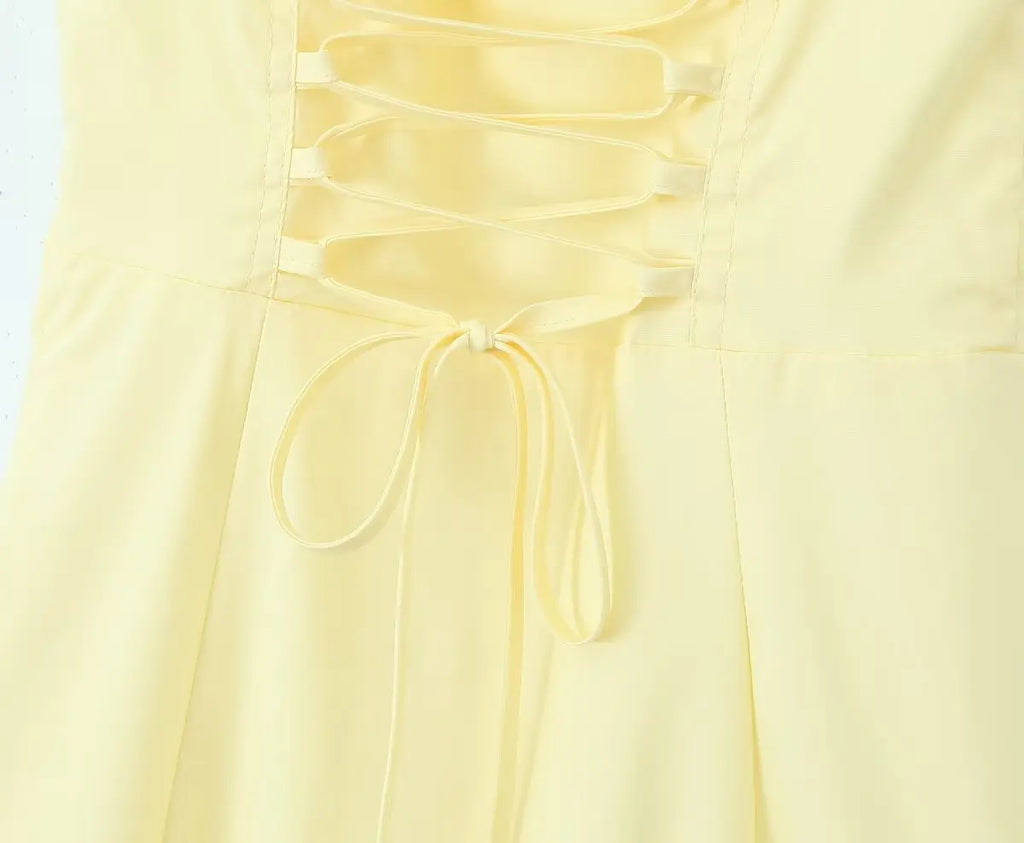 2024 Sexy Sky blue Splice Lace Bow Ruched Chest Corset Style Sling Dress Cross Bandage Lacing Up Back Hem Slit Midi Robe Women