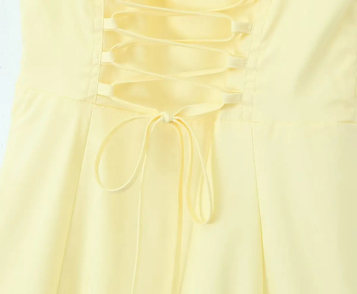 2024 Sexy Sky blue Splice Lace Bow Ruched Chest Corset Style Sling Dress Cross Bandage Lacing Up Back Hem Slit Midi Robe Women