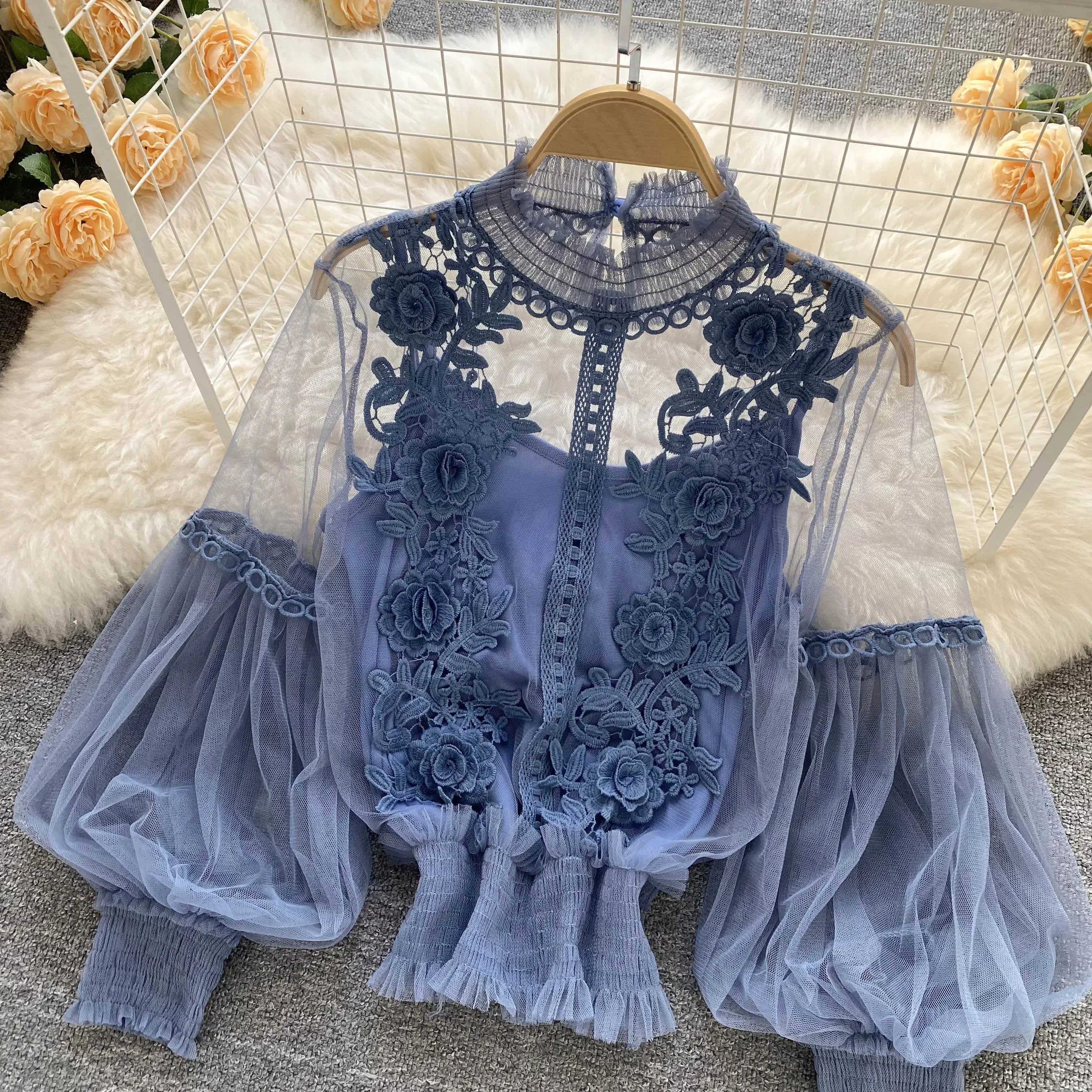 Lace Puff Long Sleeve Blouse Vintage Fashion Blouses Elegant Femme Blusas Korean Woman Tops Women Shirts Clothing Dropshipping