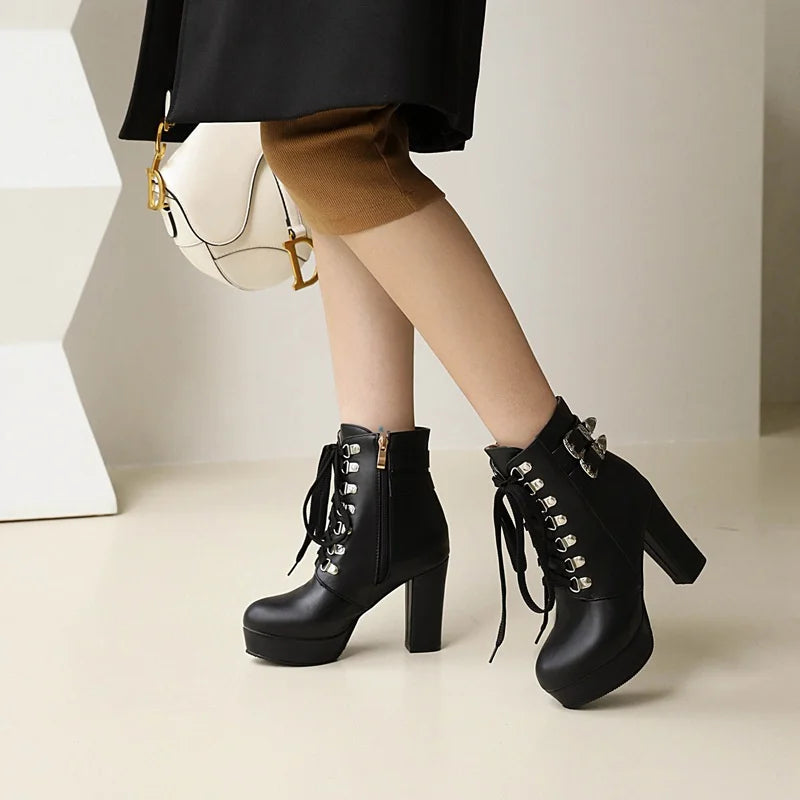 Winter Pink White Red Platform Ankle Boots Women High Chunky Heel Party Dress Lady Buckle Zipper Platform Short Motorcycle Boots