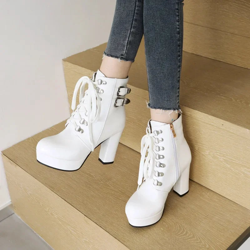 Winter Pink White Red Platform Ankle Boots Women High Chunky Heel Party Dress Lady Buckle Zipper Platform Short Motorcycle Boots