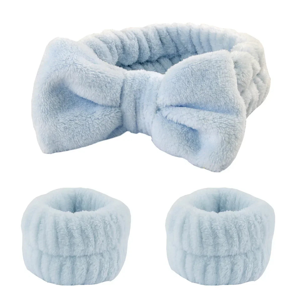 3Pcs Bow Headband Wristband Set Towel Elastic Soft Washing Face Shower Make Up Yoga Sports Skincare Headband for Women Girls