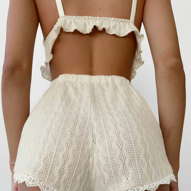 Women's Nightwear Set Sexy Lace-Trimmed Camisole Top with Cutout Details and Shorts Women's Loungewear