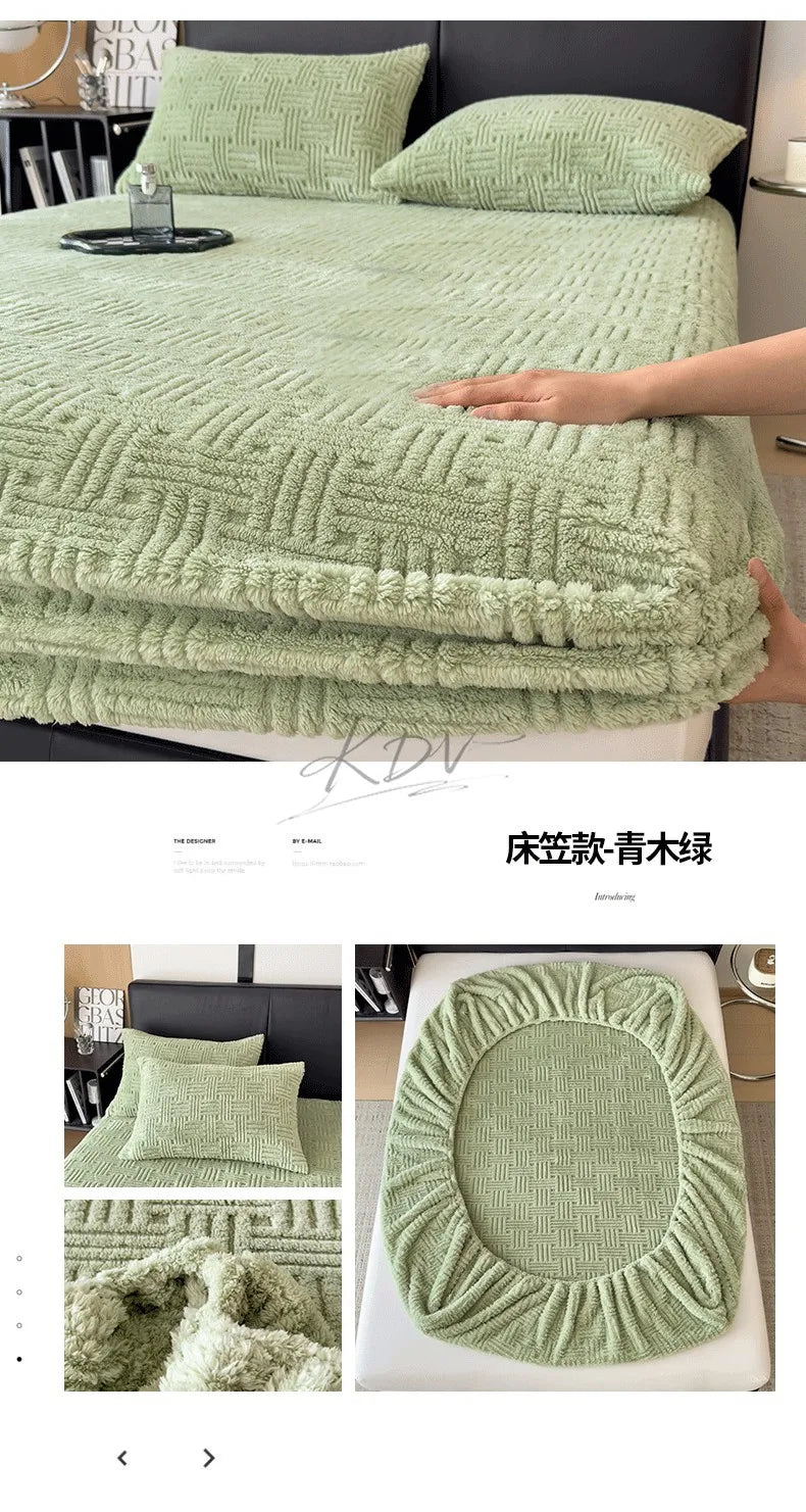 Winter Embossed Plush Fitted Sheet Soft Warm Coral Velvet Mattress Protector Cover Queen Size Deep Pocket Elastic Bed Sheet Set