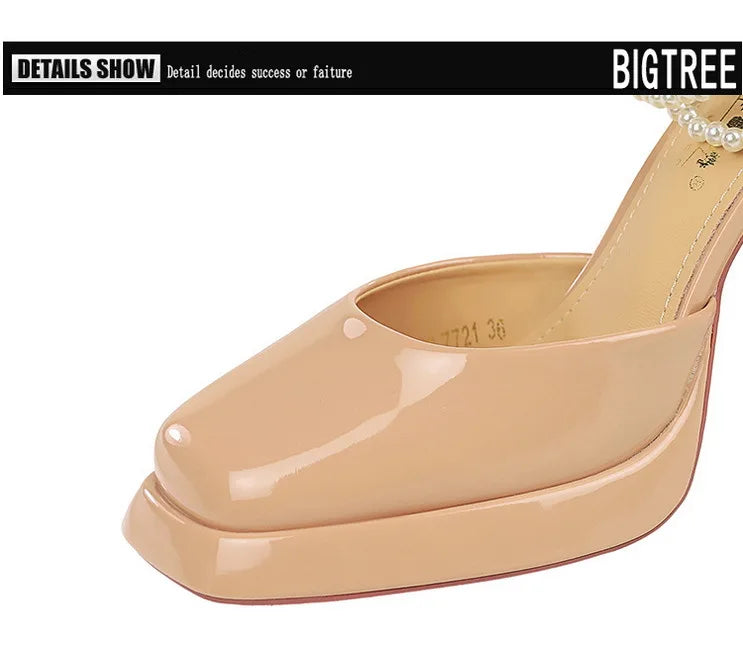 Square Toe Sandals Women 9CM Thick High Heel Summer Party Dress Shoes With White Bowknot Ankle Pearl Chain Platform Ladies Shoes