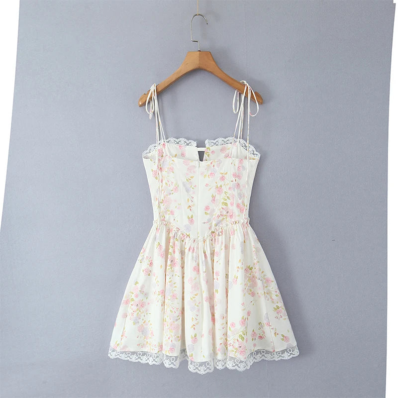 Summer 2025 Women Lace Spliced Floral Print Sling Mini Dress Low Waist A-line Sexy Elegant Party Dresses Holiday Robe