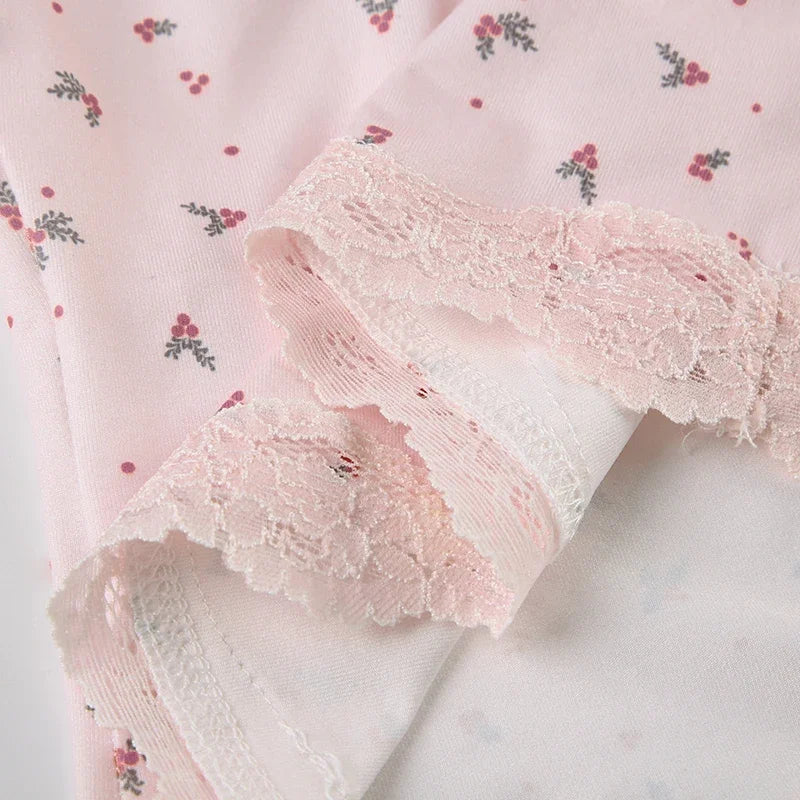 Women Sleepwear Pink Floral Lace Patchwork Two-piece Pajamas Set Sleeveless Camisoles and Slim Cute Shorts Loungewear