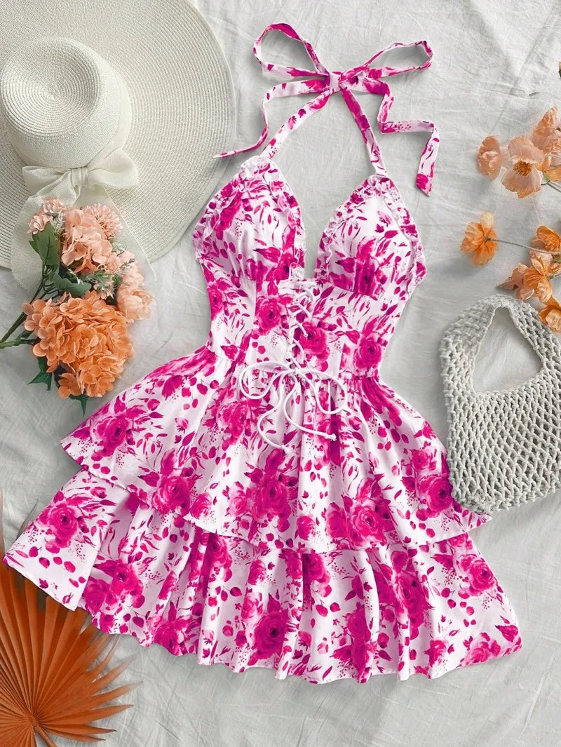 Women Vacation Style Retro Short Dresses Fashion Watercolor Rose Print Halter Lace-up Ruffled Decorative Dress 2025 Sexy Vestido