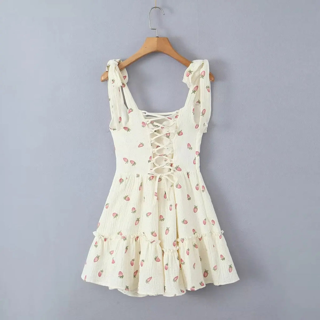 Women Sexy Beige Strawberry Tie Bow Strap Dress Cross Lacing Up Back Slim Waist Wood ears Swing Cake Mini Robe Vestidos