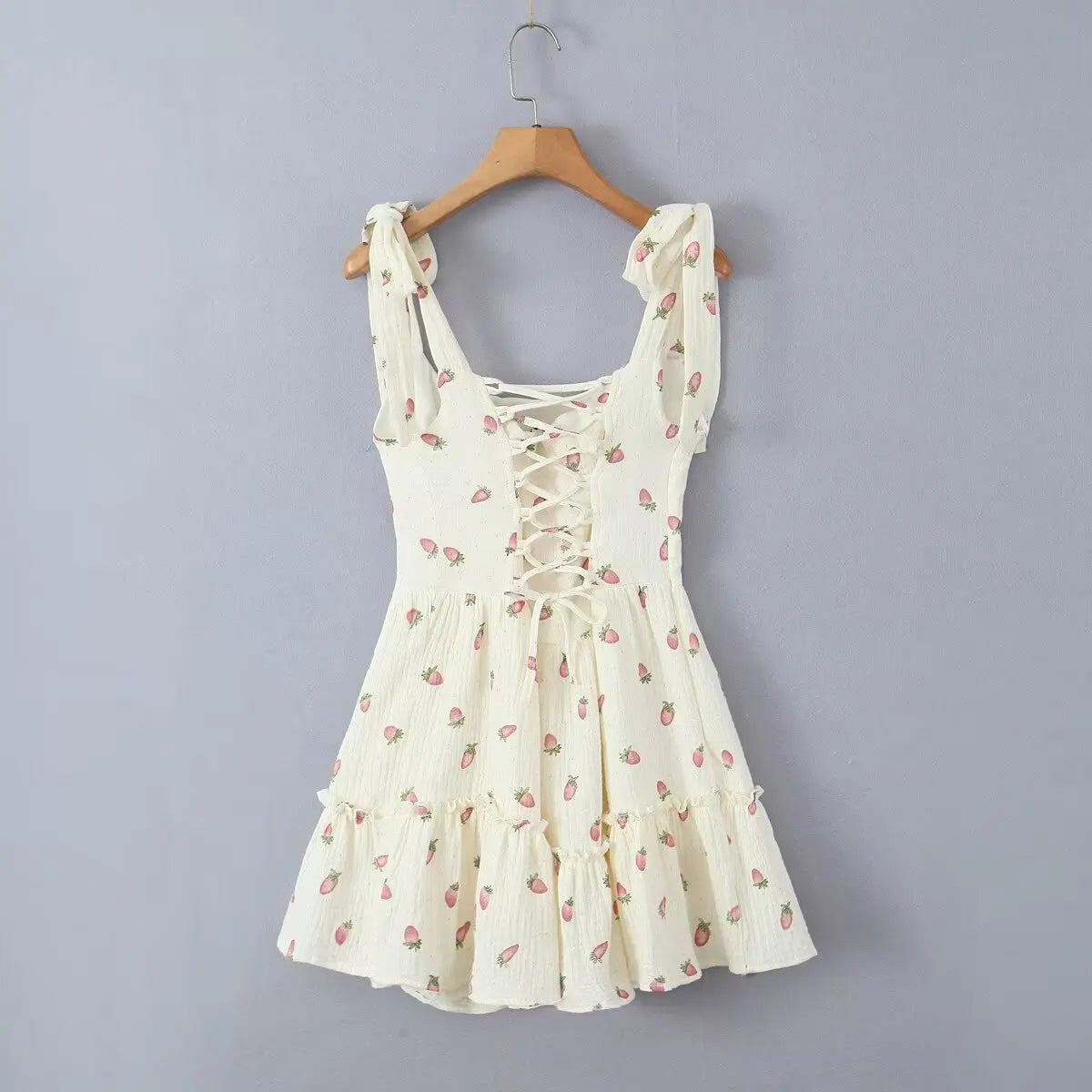 Women Sexy Beige Strawberry Tie Bow Strap Dress Cross Lacing Up Back Slim Waist Wood ears Swing Cake Mini Robe Vestidos