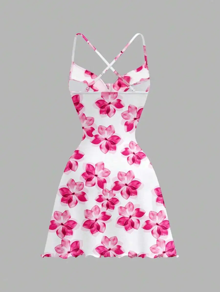 Women's Casual Floral Print Knit Mini Dress, Crisscross Thin Straps, Lettuce Hem Detail, Stylish Going-Out Style