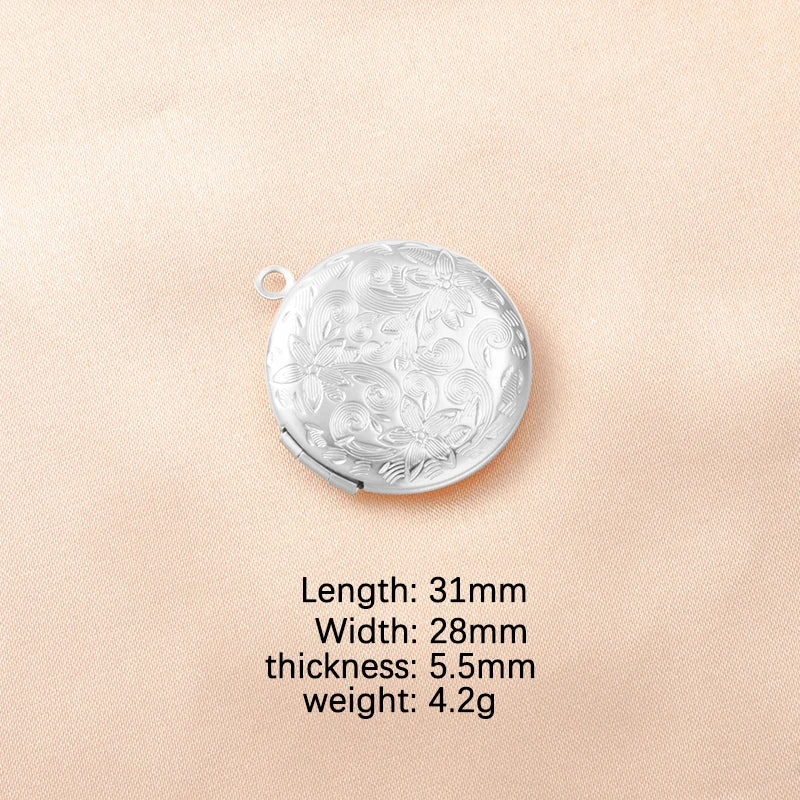 RUMNVNTY 5pc Carved Designs Round Photo Frame Pendant Necklace Stainless Steel Charms Locket Girls Women Memorial Jewelry