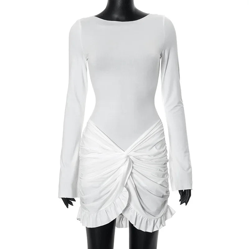 Ruched Bodycon Dress Women Sexy Long Sleeve Twist Ruffles Hem Mini Y2k Dresses Autumn White Elegant