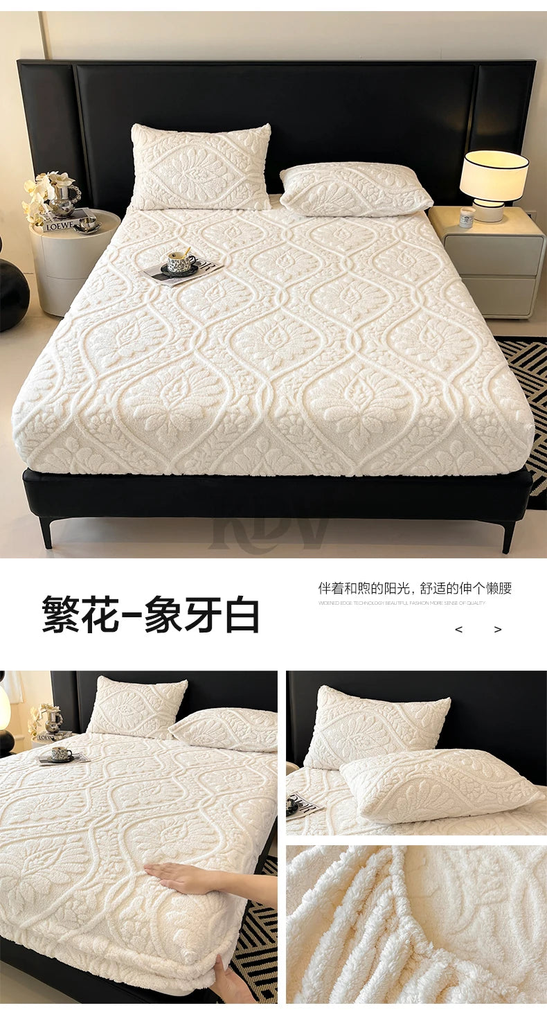 European Style Jacquard Taffeta Fitted Sheet Winter Warm Soft Plush Mattress Protector with Deep Pockets Floral Queen Bed Sheets