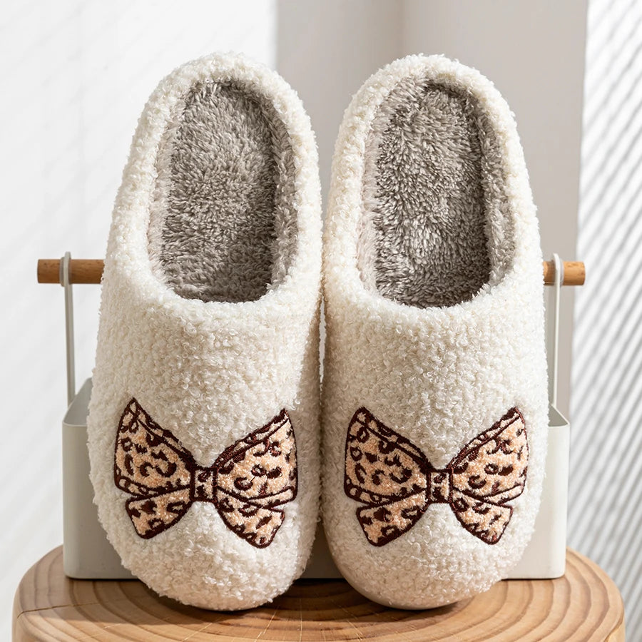 Women's Bow Slippers Warm Pattern Winter Indoor Soft Sole Home Cute Classic Embroidered Comfy casual Fuzzy Bedroom Girls Shoes