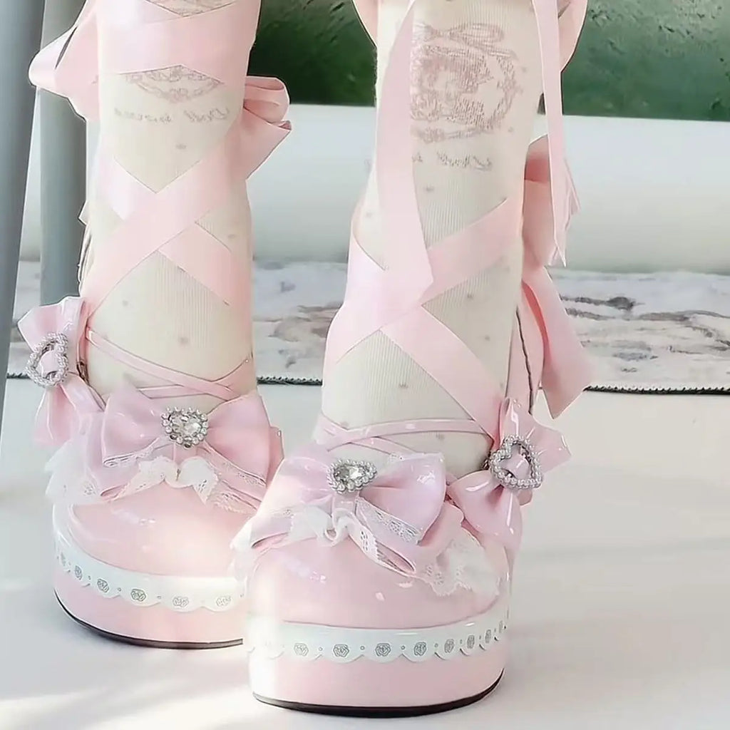 Original Sweet Lolita High Heels Fairy Style Japanese Cosplay Women Leather Shoe 5cm Design Bow Rhinestone Street Shoes Y2k