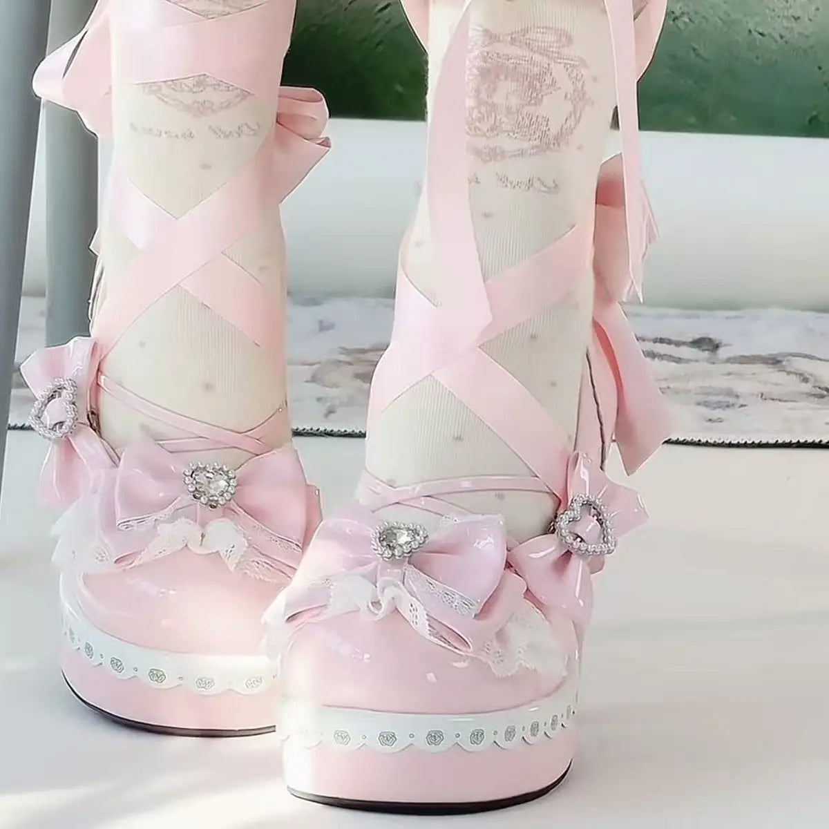 Original Sweet Lolita High Heels Fairy Style Japanese Cosplay Women Leather Shoe 5cm Design Bow Rhinestone Street Shoes Y2k