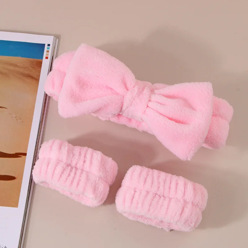 3Pcs Bow Headband Wristband Set Towel Elastic Soft Washing Face Shower Make Up Yoga Sports Skincare Headband for Women Girls