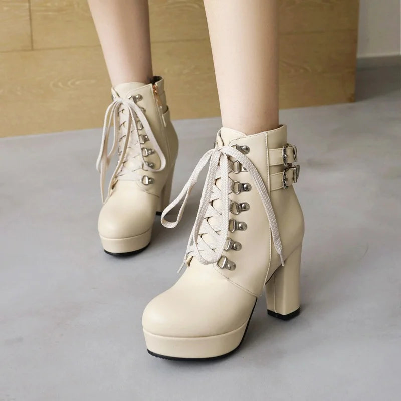 Winter Pink White Red Platform Ankle Boots Women High Chunky Heel Party Dress Lady Buckle Zipper Platform Short Motorcycle Boots
