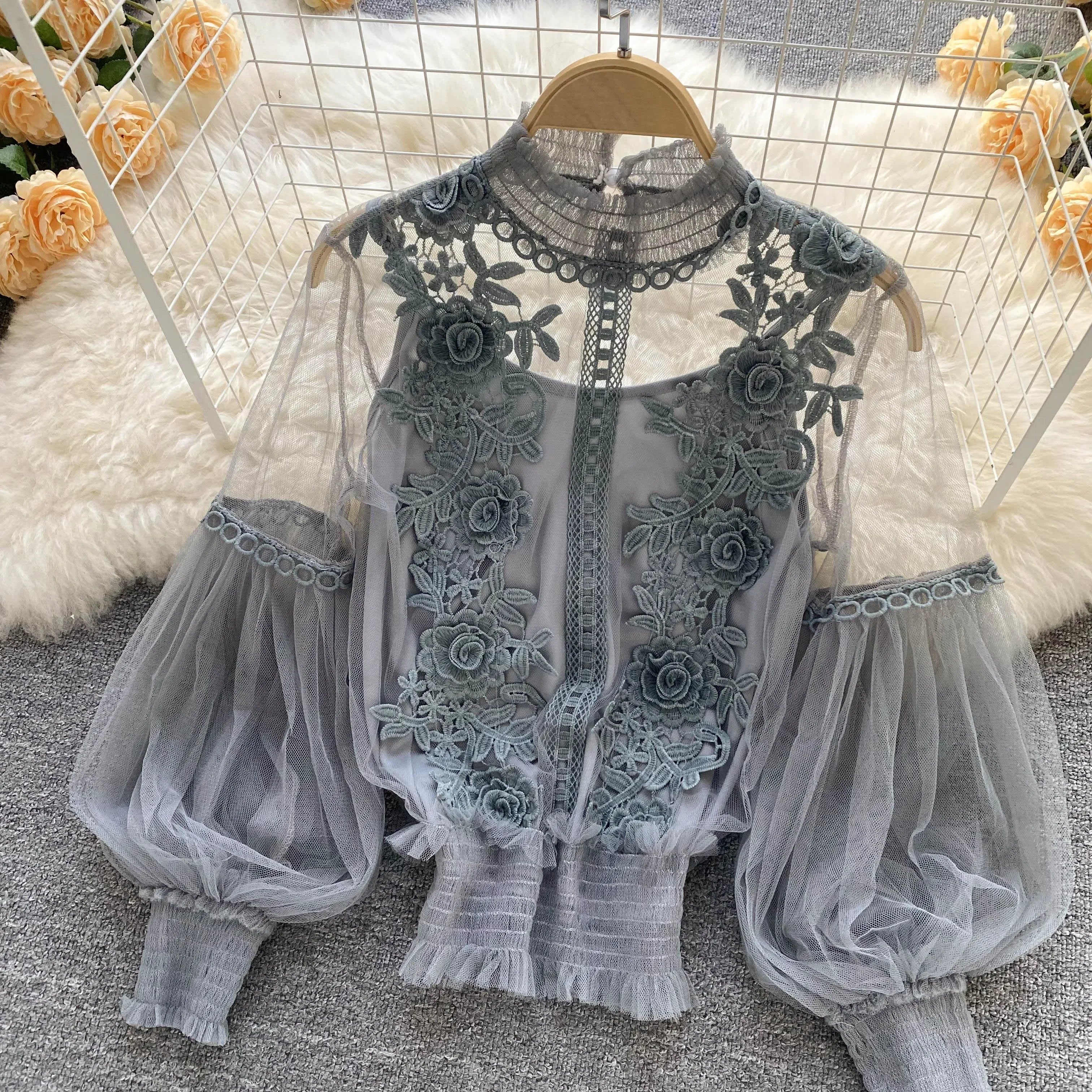 Lace Puff Long Sleeve Blouse Vintage Fashion Blouses Elegant Femme Blusas Korean Woman Tops Women Shirts Clothing Dropshipping