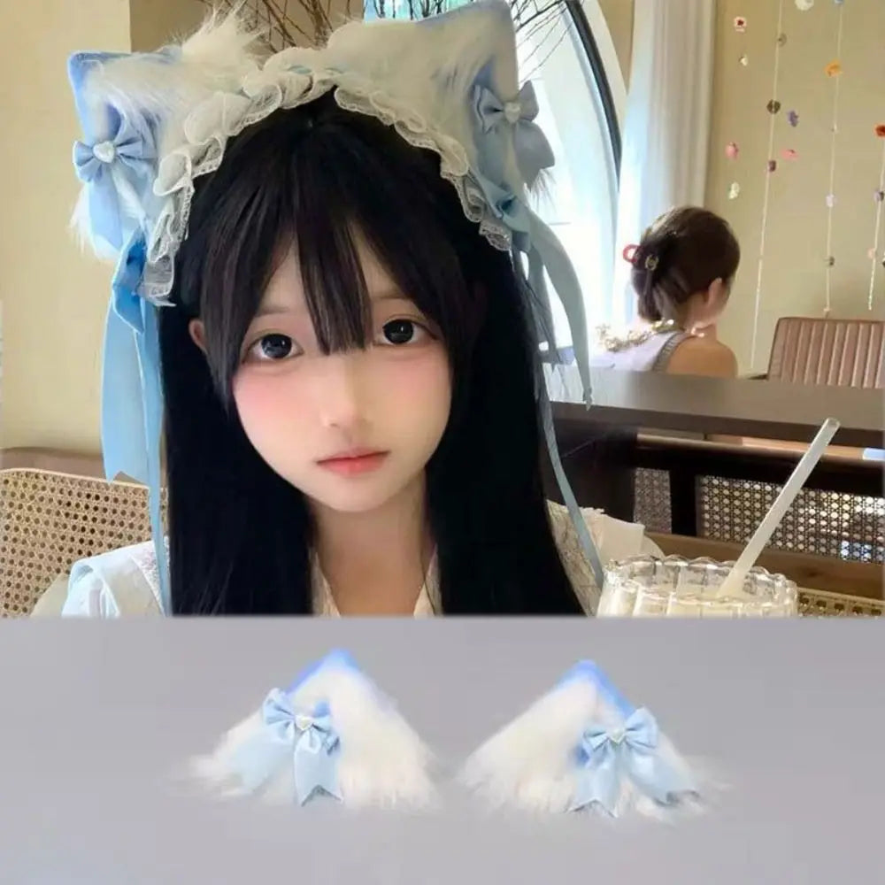 New Lolita Cat Ears Headband Lace Cosplay Head Wrap Bow Headdress Women