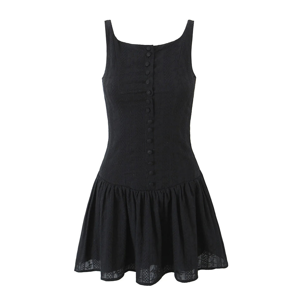 2024 Sexy White Embroidery Lace Low Waist Mini Tank Dress Women Open Buttons Neck Bodycon Sleeveless Ruched Hem Swing Party Robe