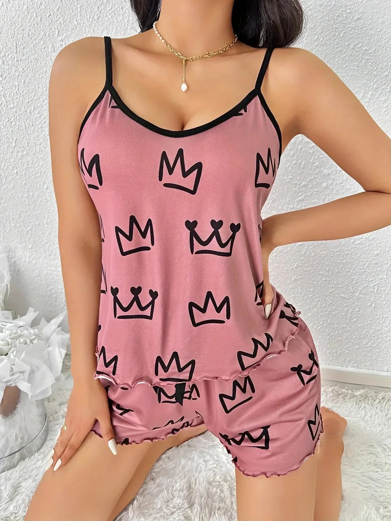 Sleepwear Women 2 Pieces Love Printed Sleeveless Cami Top & Shorts Sets Pajama Set Sexy Lingerie Loungewear Pijamas