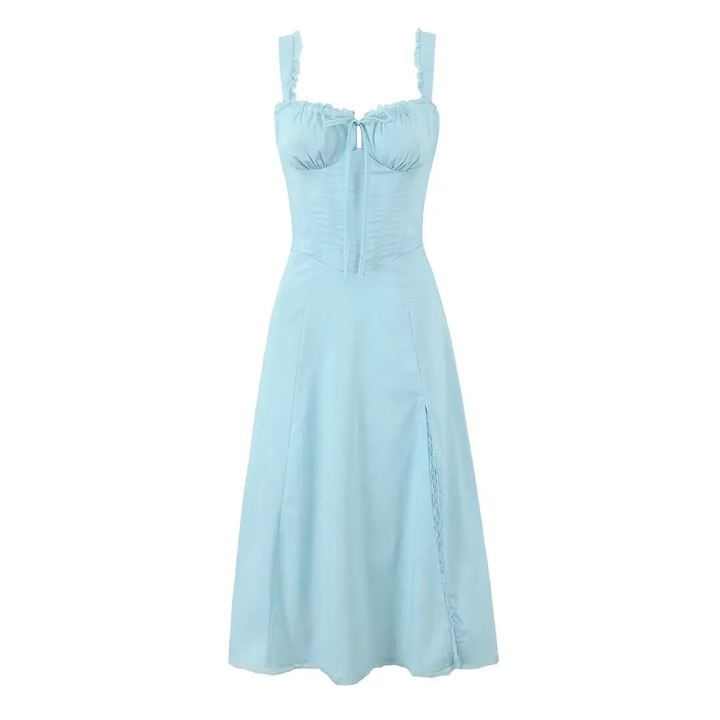 2024 Sexy Sky blue Splice Lace Bow Ruched Chest Corset Style Sling Dress Cross Bandage Lacing Up Back Hem Slit Midi Robe Women
