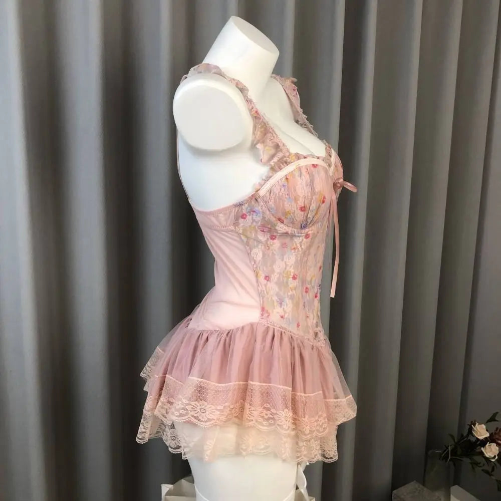 Comfortable Thin Sweet Lace Nightdress Beauty-back Lace-up Sleeveless Nightwear with Chest Pad Homewear Pajamas Women Female