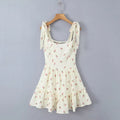 Women Sexy Beige Strawberry Tie Bow Strap Dress Cross Lacing Up Back Slim Waist Wood ears Swing Cake Mini Robe Vestidos