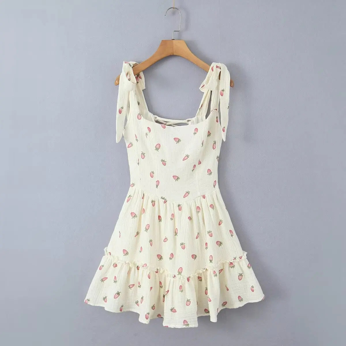 Women Sexy Beige Strawberry Tie Bow Strap Dress Cross Lacing Up Back Slim Waist Wood ears Swing Cake Mini Robe Vestidos